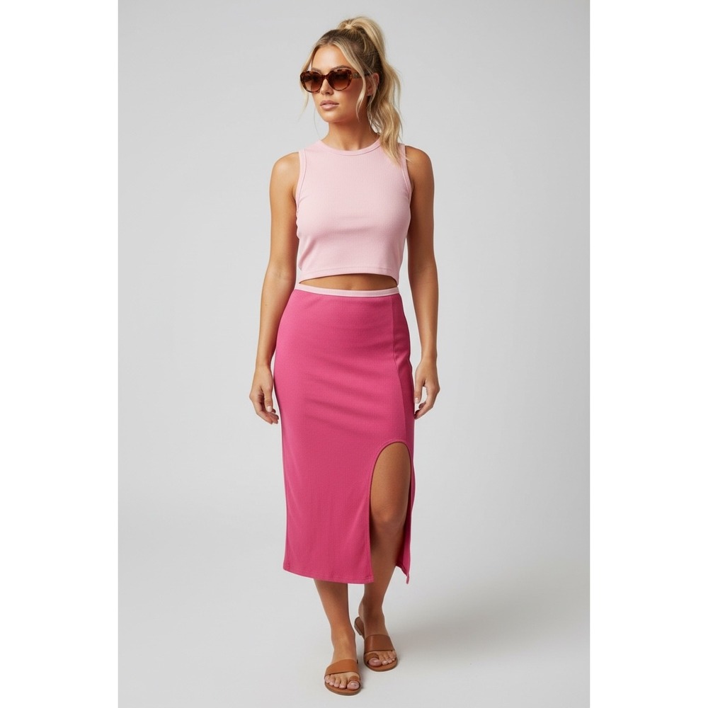 NEW Pink Large‎ Ribbed Two Tone Pink Cutout Midi Dress Slit Bodycon
